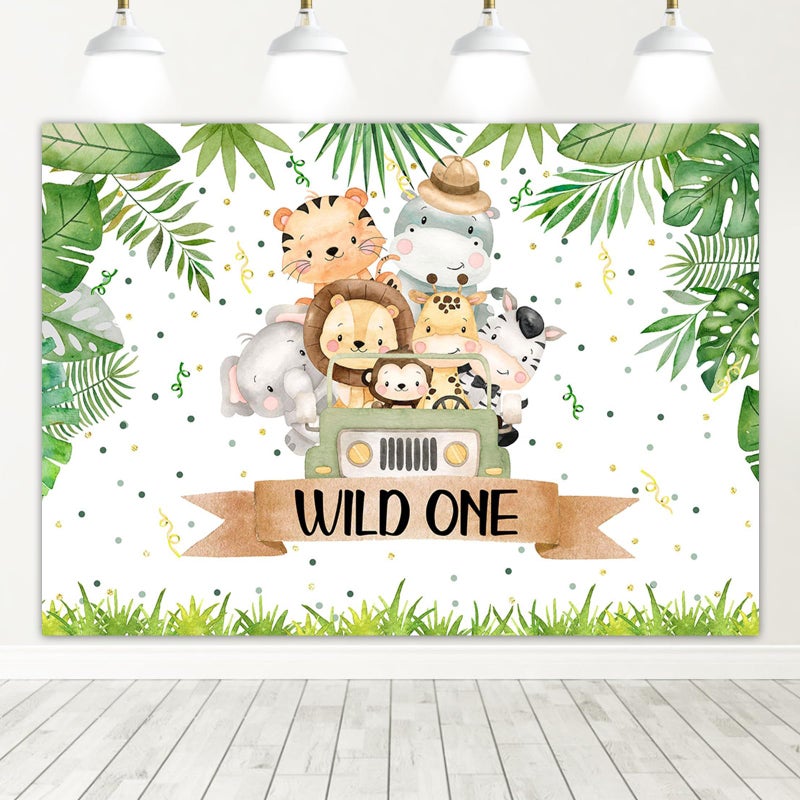 Avezano Wild One Birthday Backdrops Safari Theme First Birthday Party Background Decorations Tropical Jungle Animals 1st Birthday Party Banner Supplies(7x5ft) - Image 1